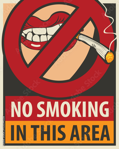 signboard no smoking in this area with a pattern of human lips and lit cigarette and negates the sign ban