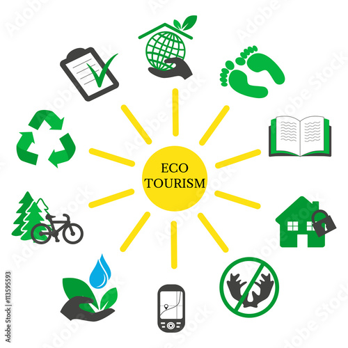 Ecotourism concept -  eco symbols located in a circle around the sun on white background.  Green tourism template for banner, flyer, poster or card.