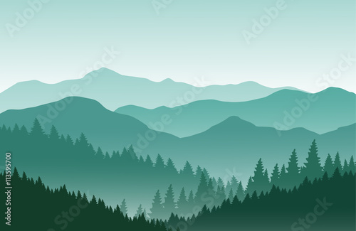 Mountains vector landscape. Nature background in green colors. Mountaineering and traveling concept. Vector illustration. © tanyadzu