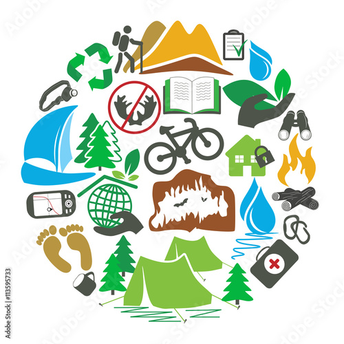 Touristic icons arranged in a circle isolated on white background. Ecotourism template for banner, flyer, poster or card. Flat style vector illustration.