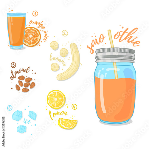 Citrus Smoothies of orange  nuts and a banana for a healthy diet. Cocktail in a glass jar. Cocktail for energy and diets. Recipe vegetarian smoothies for health. Vector