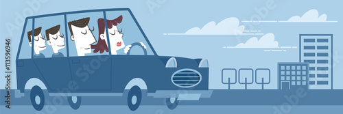 Banner, family car. A banner in retro style of a family in a car.