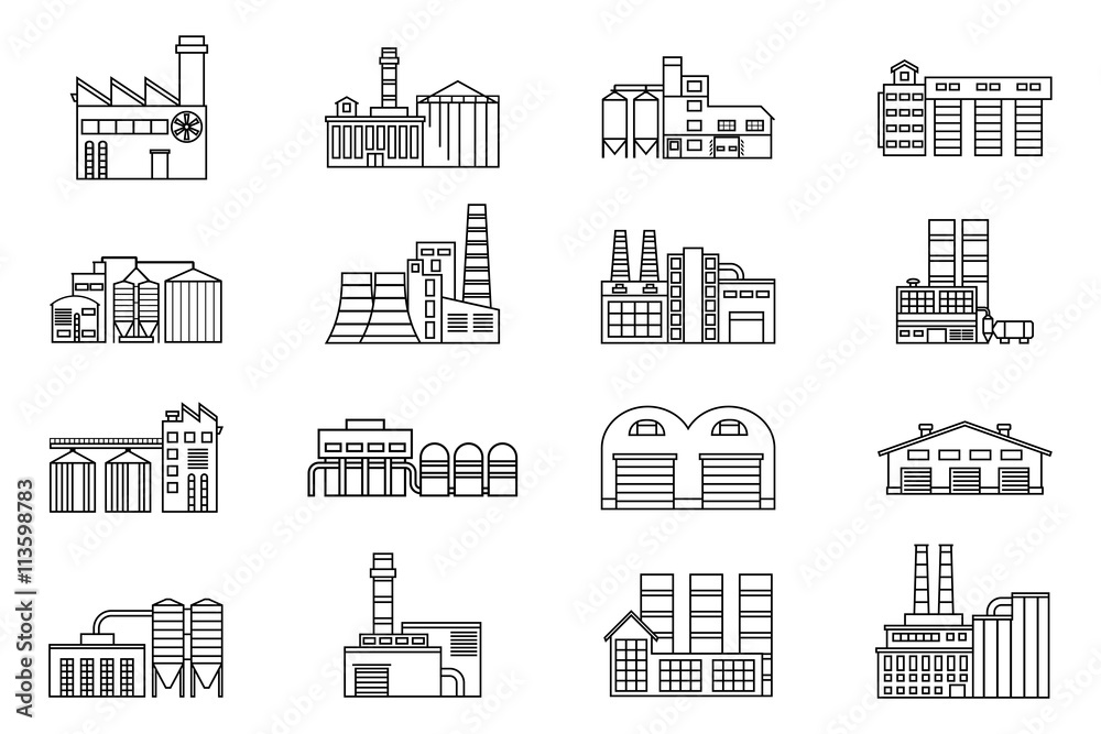 Industrial and manufacturing factory building. Monochrome outline vector icons