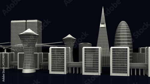3D Illustration of Modern City Buildings on dark