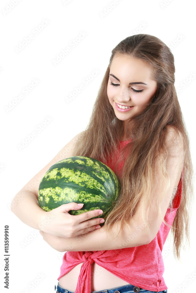 Beautiful girl with watermelon in studio Beautiful girl with watermelon in studio