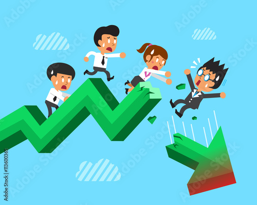 Cartoon business team with broken green arrow