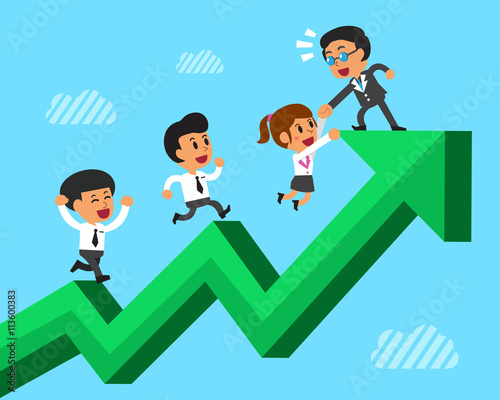 Cartoon business team with green arrow