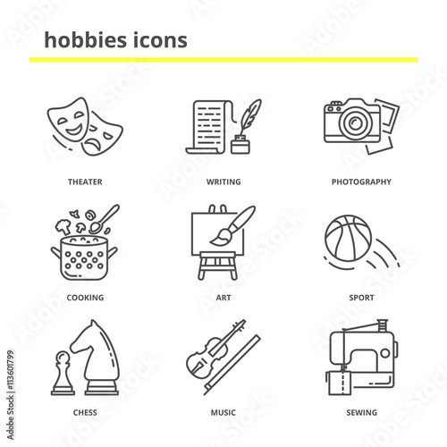 Hobbies vector icons set: theater, writing, photography, cooking