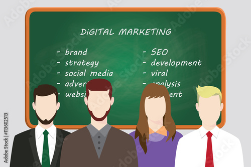 digital marketing team line up work on front of board with text vector graphic