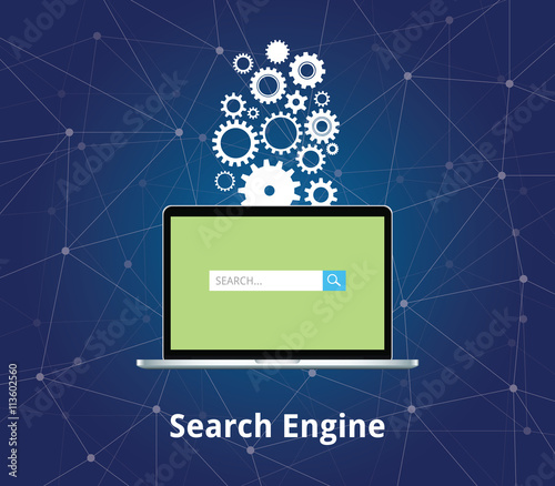 search engine laptop with searching box and gear as background vector graphic