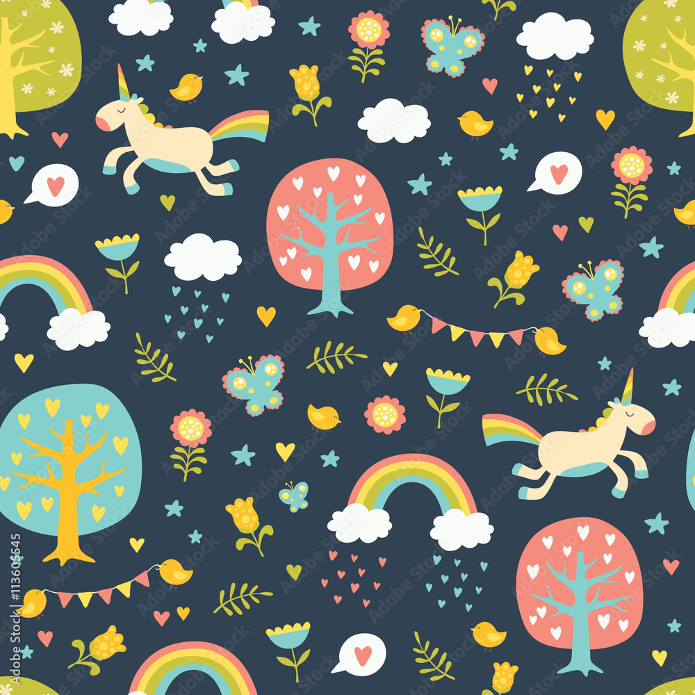 Lovely vector seamless pattern with cute unicorns.