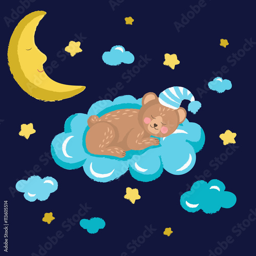 Cute sleeping bear vector illustration with clouds stars and moon