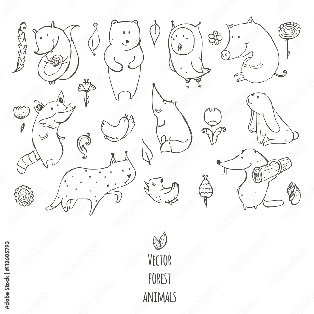 Vector illustration with cute and naive forest animals. Hand drawn black and white set, decorated with flowers and birds, isolated on white. Bear, fox, raccoon, squirrel, owl, beaver, lynx, bunny, pig