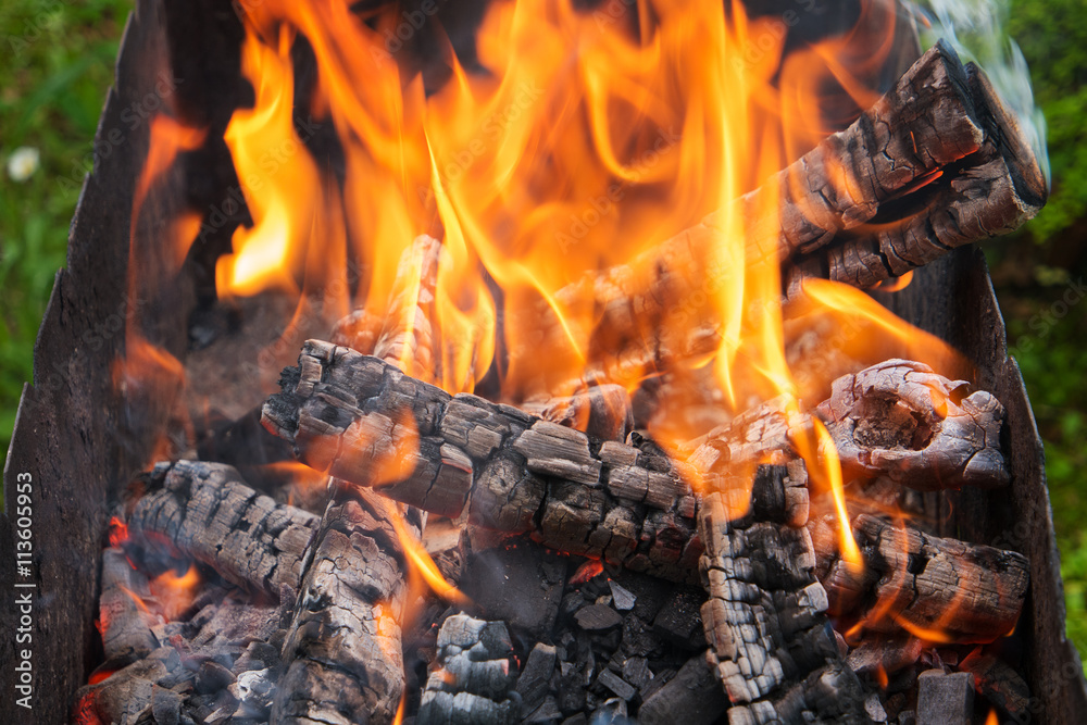 Firewood for burning coals in the grill, close-up Firewood for burning coals in the grill, close-up