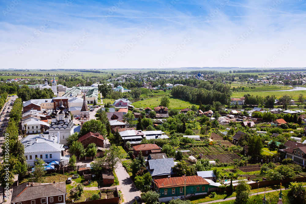 Beautiful cityscape. View of the old Russian town of Suzdal. Gol