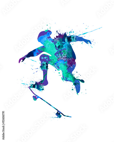 Skateboarder. Blue splash paint