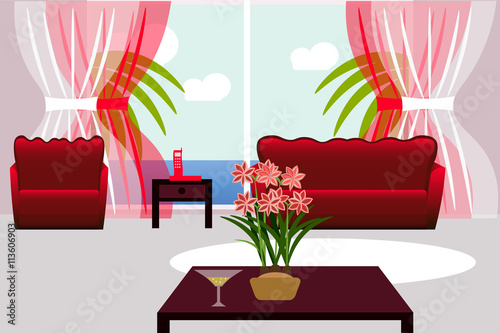 The interior of the living room. Vector illustration of a modern living room with sofa armchair and coffee table.Flat design