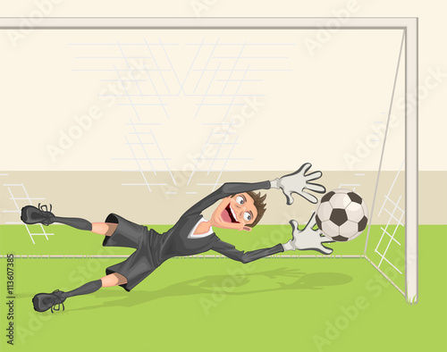 Football goalkeeper catches ball. Penalty kick in soccer