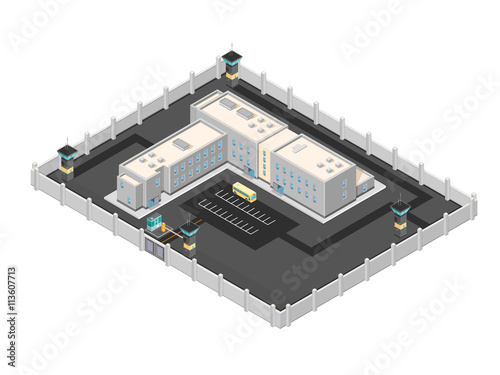 Isometric vector illustration of a contemporary Jail building.
Large secure Penitentiary building.