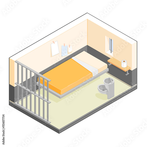 Isometric vector illustration of a small prison cell.
Jail Cell with bed and toilet.
