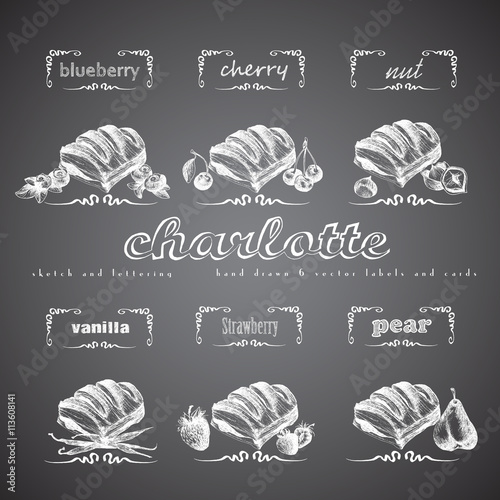 Charlotte puff bun hand drawn collection. Vector vintage illustration with cherry, blueberry, vanilla, nut, strawberry, pear and letter elements. Chalk imitation.