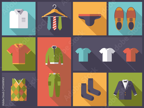 Mens wear flat design long shadow vector illustration.