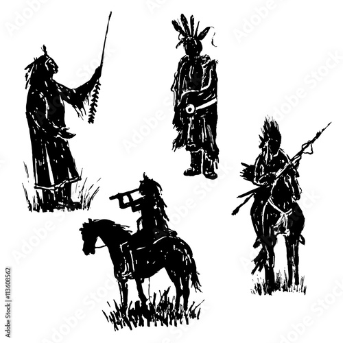 drawing elements set collection of isolated figures of American Indian warriors silhouettes sketch hand-drawn vector illustration