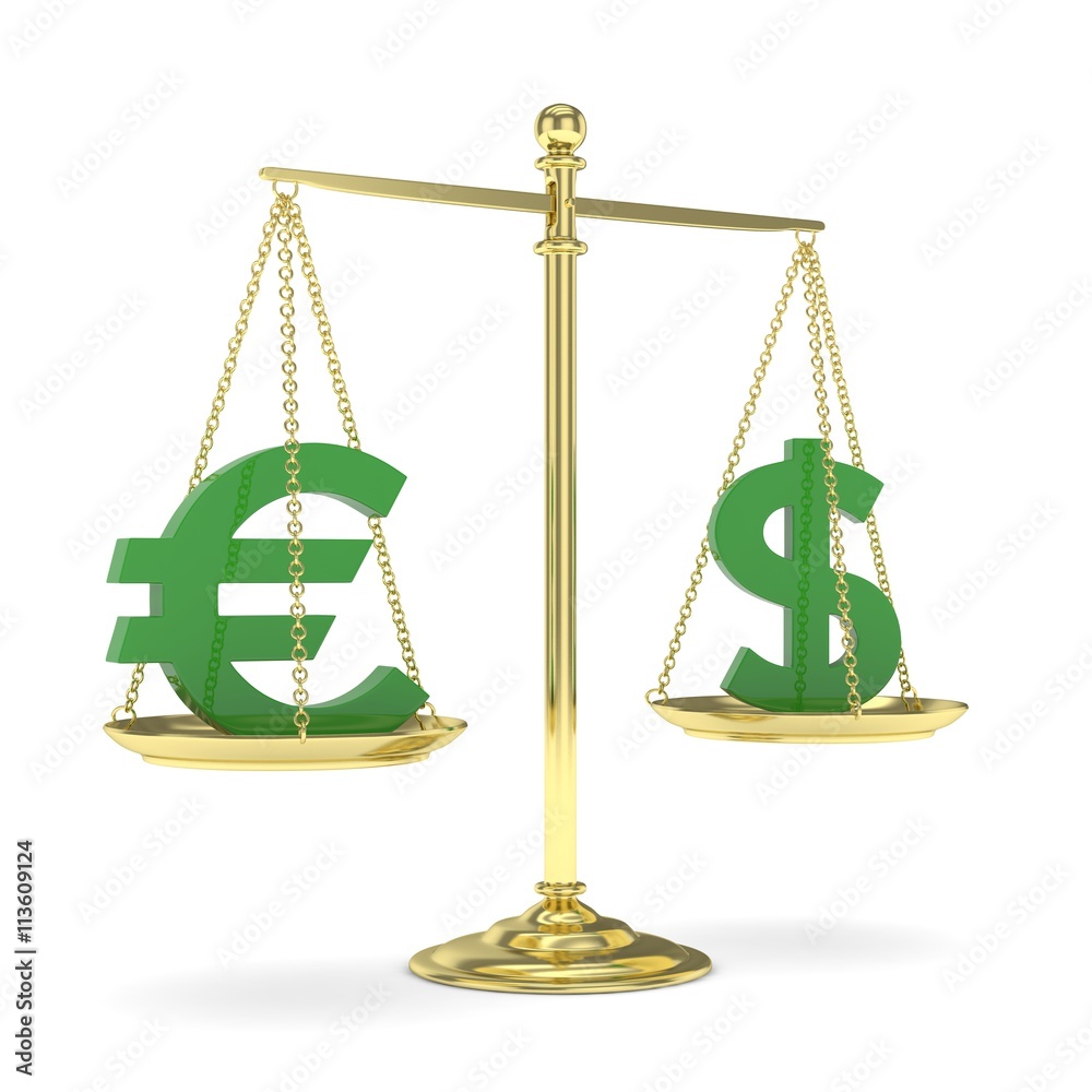 Isolated golden scales with green dollar and euro currency. American and european finance. Measuring of market stability. 3D rendering. Isolated golden scales with green dollar and euro currency. American and european finance. Measuring of market stability. 3D rendering.