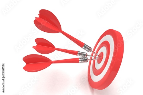 Three arrows darts in center. 3d rendering.