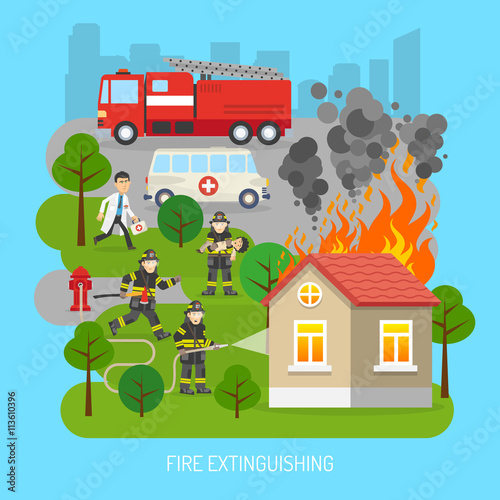  Firemen At Work Concept Flat Poster 
