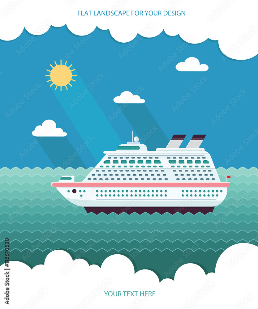 Ship in the Ocean. Trip around the world. Flat design style vect Ship in the Ocean. Trip around the world. Flat design style vect