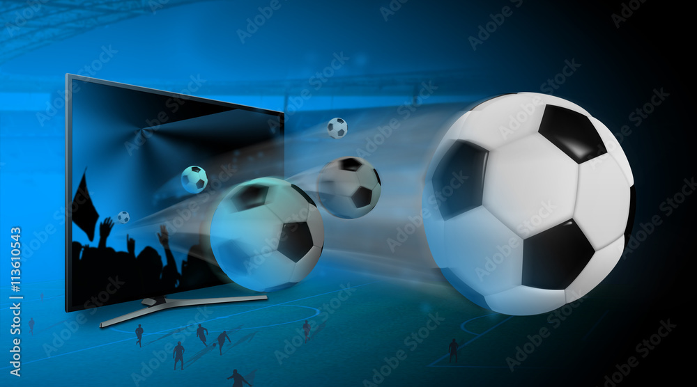 Illustrazione Stock Football, diffusion match de foot ou football  multimédia avec des footballeurs dans un stade, plusieurs ballons sortants  d'un écran de télévision. Fond bleu dégradé vers le noir. | Adobe Stock