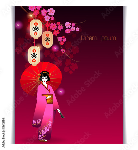 Background with Japanese geisha and lanterns hanging from Sakura tree.