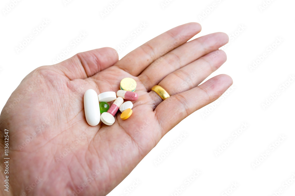 Group of medicine in hand isolated on white background. Group of medicine in hand isolated on white background.