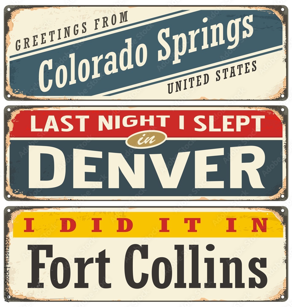 Vintage metal signs collection with USA cities