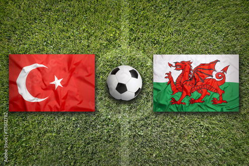 Turkey vs. Wales flags on soccer field