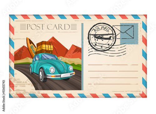 Vintage postcard travel with stamp air mail 