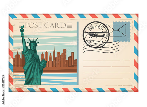 Vintage postcard travel New York with stamp air mail 