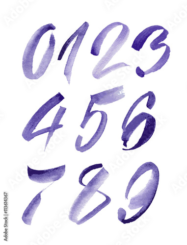 Watercolor hand written purple numbers. Vector illustration