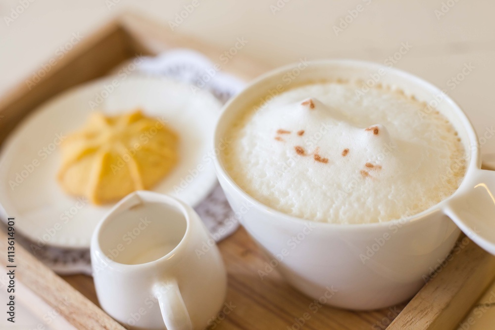 Kitty 3d latte Art with cookie in wooden. Kitty 3d latte Art with cookie in wooden.