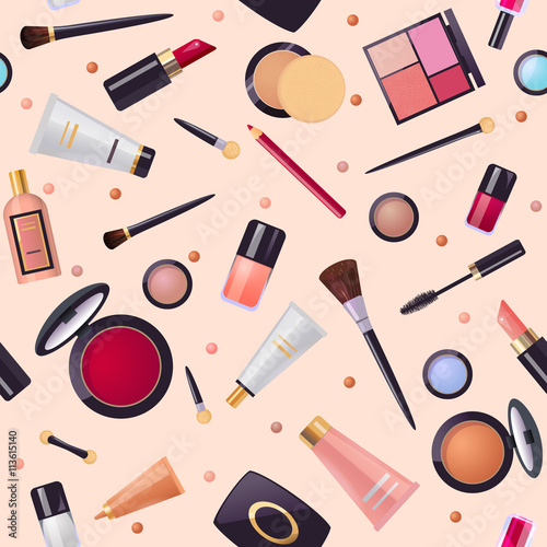 Cosmetics pattern with make up product: lipstick, mascara, brushes, perfume, skin cream, nail polish, Vector seamless background