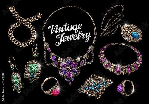 Vintage jewelry with gems. Hand-drawn gold and silver vector illustration