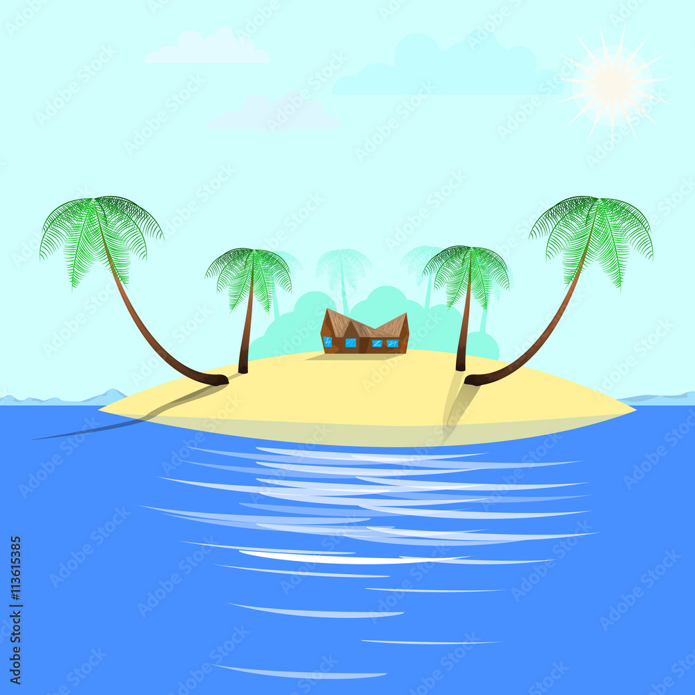 Endless Summer on the island paradise. Vector illustration of a paradise island.