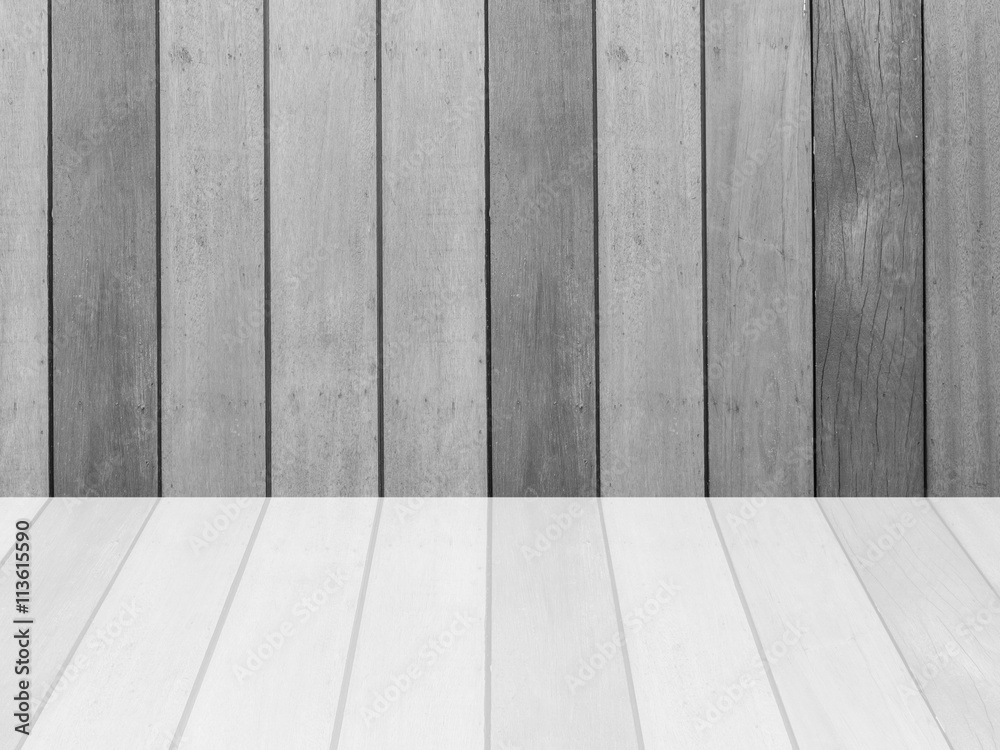 Closeup surface wood pattern at the old wood wall texture background with reflection at the floor in black and white tone Closeup surface wood pattern at the old wood wall texture background with reflection at the floor in black and white tone