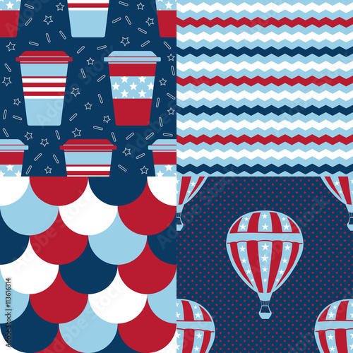 USA Patterns - Collection of 4 patriotic seamless patterns in red, blue and white.