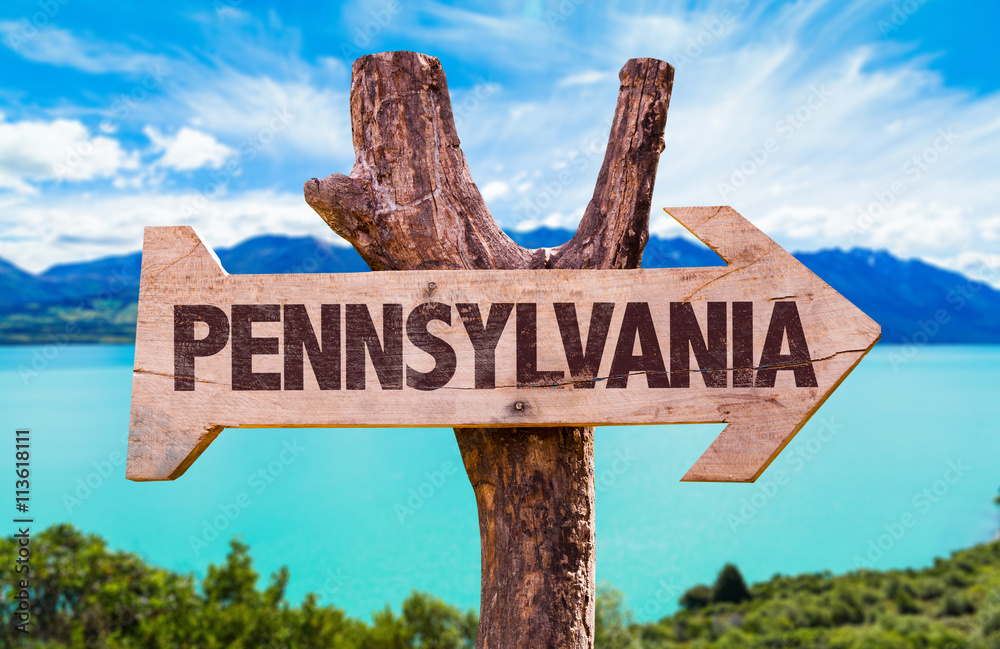 Pennsylvania wooden sign with landscape background