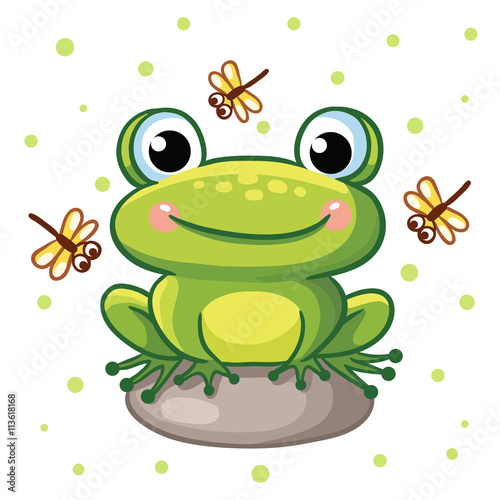 Vector illustration of a frog on a rock and crystals on a background of green peas. Cute frog sitting on a rock and smiling.