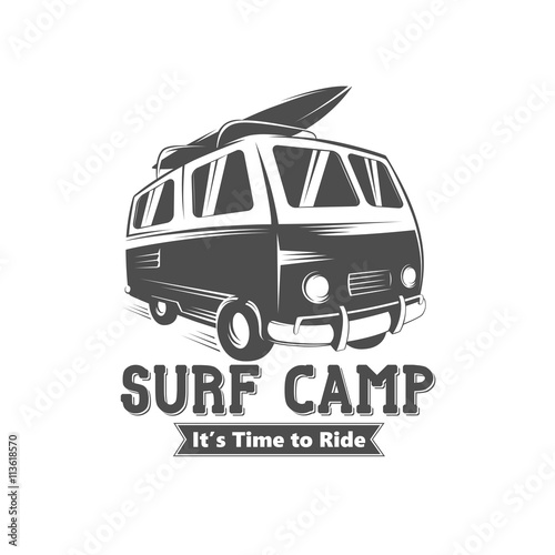Surf camp logo design. Vintage black and white vector illustration of surf camp event.