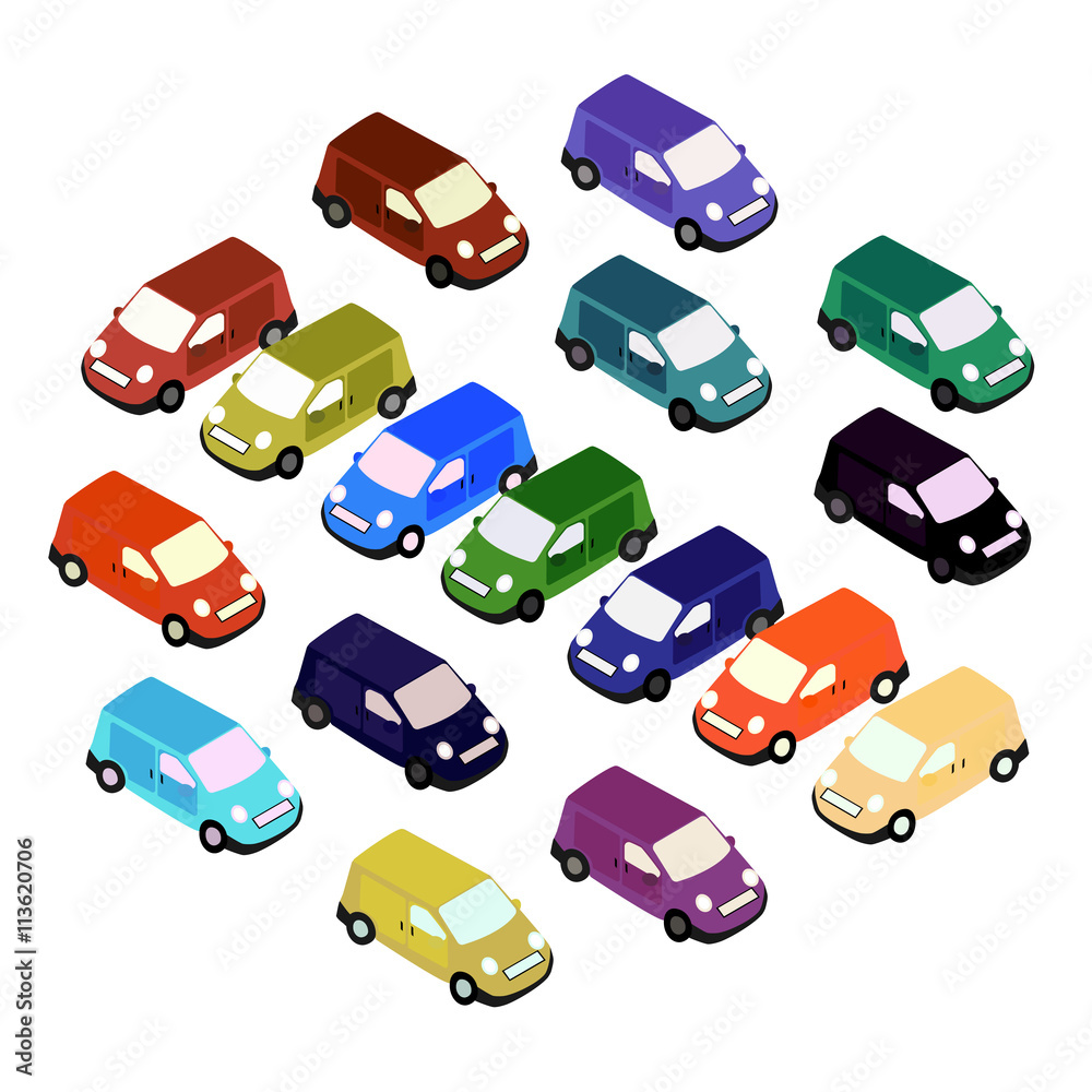 Naklejka premium Car isometric. Car set of different color. Vector illustration
