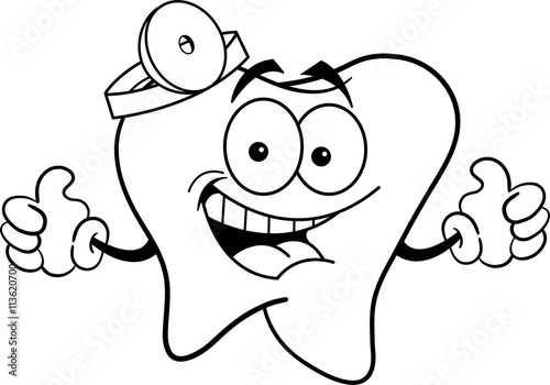Black and white illustration of a tooth with thumbs up.